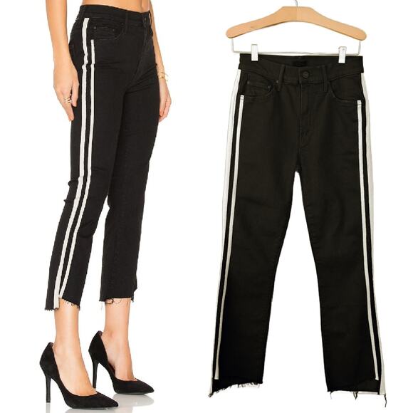 MOTHER Insider Crop Step Fray Guilty Racer Sz 25 Black Cream Stripe Kick Flare - Picture 1 of 14